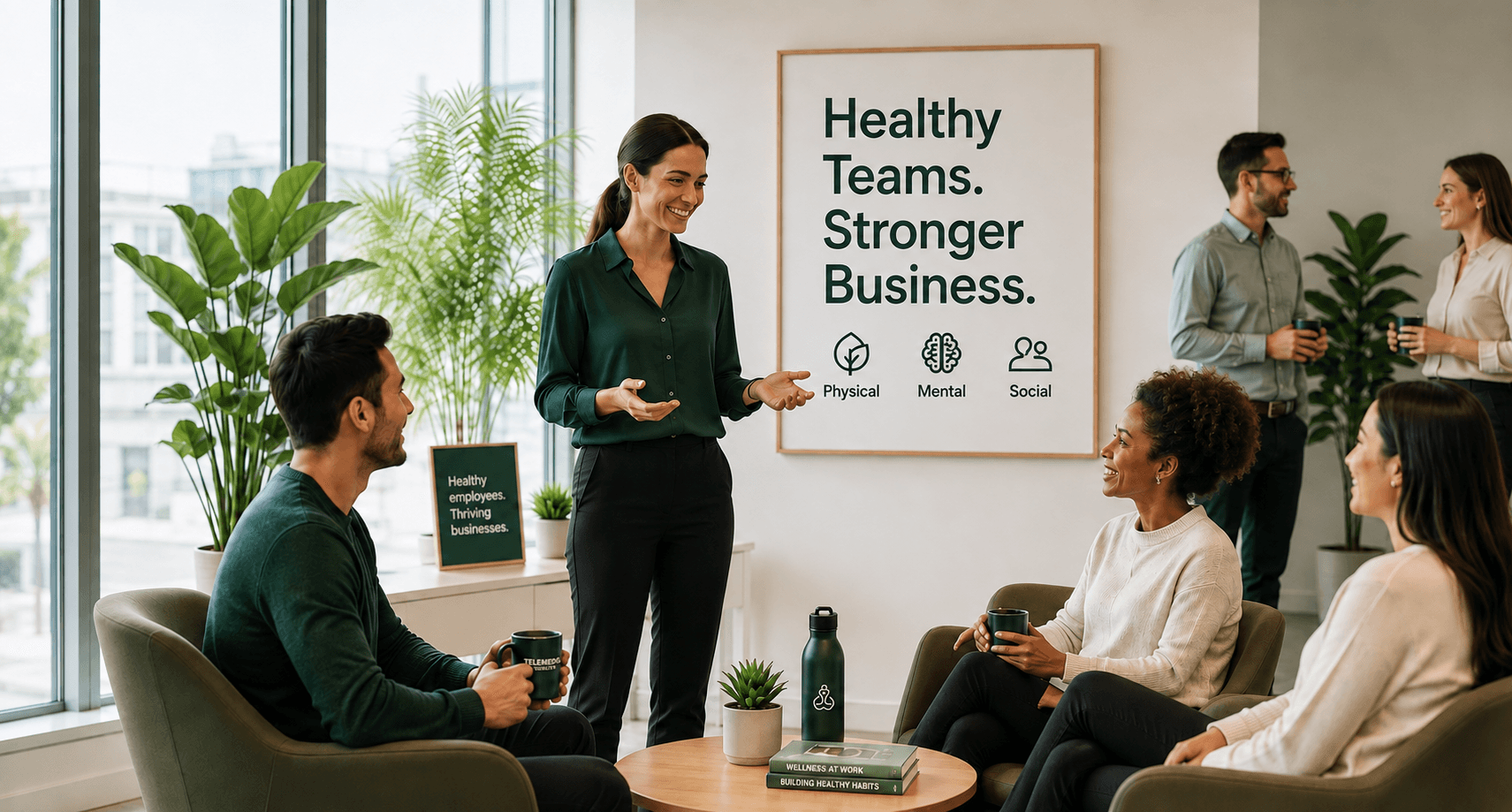 Corporate wellness team discussion in a modern office